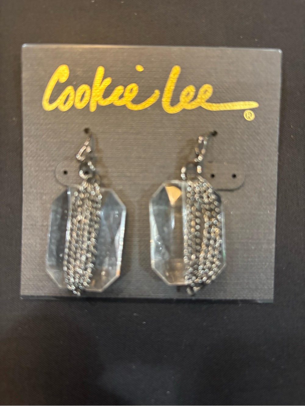 Cookie Lee Clear Crystal Drop Earrings with Silver Tone Chains